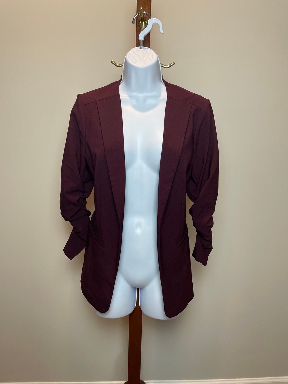 Skies Are Blue Eggplant Purple Open Front Blazer Navy White Pattern Lined Size S